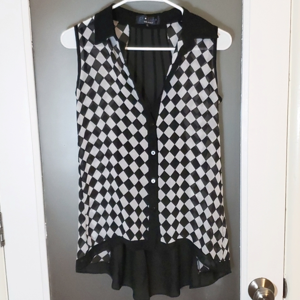 P Luca Checkered Sheer Tank Top Sz S